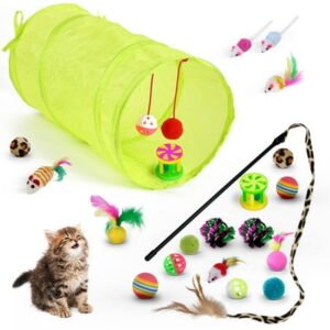 21-Piece Cat Toys Kit Set – Interactive Foldable Cat Tunnel, Feather Wand, Plush Mice, Crinkle Balls, Jingle Balls & Spring Toys – Indoor Fun for Cats, Kittens, Small Dogs & Rabbits