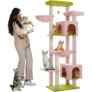 69″ Tall Cat Tree for Indoor Large Cats, Cat Tower for Adult Cats with Big Hammock, Cat Climbing Tree Tower with Scratching Posts, Condo House and Large Top Perch, Pink