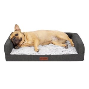 FurHaven Medium (20″x30″) Cooling Gel Dog Bed – Birch Faux Fur & Soft Faux Linen Modern Sofa Pet Bed, Orthopedic Foam, Removable Washable Cover, Charcoal