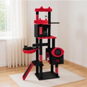 Yardi Yarda Large Gothic Cat Tree w/Cat Condos & Plush Perches, Corner Cat Tree, Cat Climbing Tower, Cat Towers for Indoor Cats-Black & Red