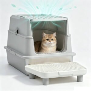 Extra Large Stainless SteelCat Litter Box Lid & Scoop, Proof Front Entry Top Exit, Odor Control Easy Clean Leak Proof (Gray)