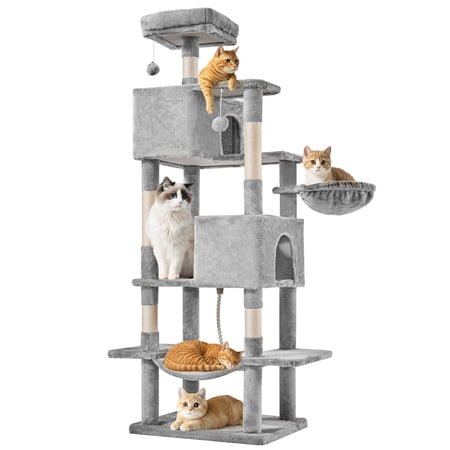 Resenkos 66 Inch Multi-Cat Climbing Tree Tower with Plush Condo and Hammock, Large Activity Center for Indoor Cats and Kittens, Gray