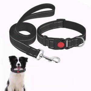 Nebwoak Reflective Dog Collar and Leash Set with Safety Locking Buckle Adjustable Nylon Pet Collars for Medium Dogs Black 13-20″ Neck 59″ Leash