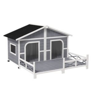 Wooden Dog House Large Outdoor, Elevated Cabin for Small Medium Dogs, Gray – Double Room Pet Shelter w/ Porch