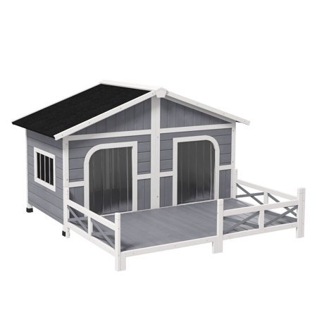 Wooden Dog House Large Outdoor, Elevated Cabin for Small Medium Dogs, Gray – Double Room Pet Shelter w/ Porch