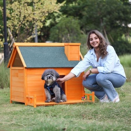Imerelez 39 inch Wooden Dog House, Indoor Outdoor Pet Shelter with Platform, PVC Curtain, Door, Asphalt Roof, Pet House for Small to Medium Sized Dogs, Orange