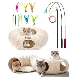Charefin 2-in-1 Cat Tunnel Bed, Foldable Washable Plush Cat Hideaway Nest with Interactive Toys for Kittens Large Cats