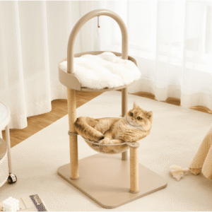 Modern Cat Tree, Wood Cat Tower with Steel Frame, Scratching Posts, Cat Capsule, Plush Mat, Bell Dangling Toy, Aesthetic Minimalist Heavy-Duty Cat Climbing Tree for Large Indoor Adult Cats