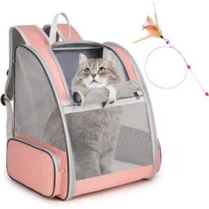 Cat Backpack Carrier, Large Pet Backpack with Kitten Wand Feather Toy for Medium Small Dog Cat Puppy Kitty Bunny up to 15lbs, Ventilated Mesh Dog Travel Carrier for Hiking Walking Outdoor Use (Pink)