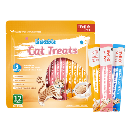 iFello Pet Lickable Cat Treats, Grain-Free Creamy Squeezable Puree, Chicken, Tuna & Salmon Variety Pack, 12 Tubes, 6.35 oz