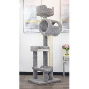 Solid Wood Cat Climbing Tower Tree for Indoor Cats, Multi-Level Scratching Post with Sisal Rope and Plush Carpet, Gray