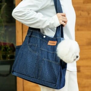 KOYPTL Paw Dog Sling Carrier for Small Dogs 5-13lb Dog Tote Bag for Small Dogs and Cats Dog Carrier with Adjustable Padded Strap Vegan Denim Lined with Fur Safety Features Machine Washable Navy