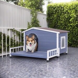 Pefilos 46″ Weatherproof Wood Dog Houses with Terrace and An Open Roof, Outdoor Large Pet Cat House, Windows and Door Curtains, Beige