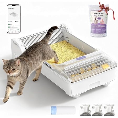Open-Top Automatic Self-Cleaning Cat Litter Box, Extra Large Smart Tray for Multiple Cats, with App Control & Health Monitor