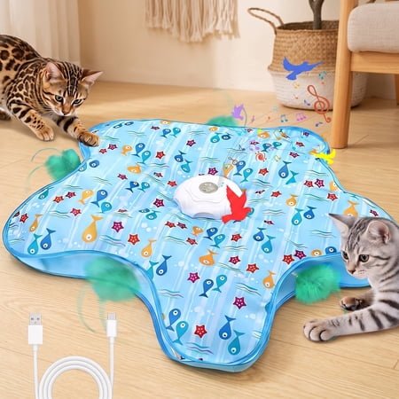 MQAAUP Interactive Automatic Cat Toy, Rechargeable 3-Mode Hunting Toy with Hidden Moving Feathers, Squeaky Bird Sound & Fish Pattern Cover for Indoor Cats & Kittens