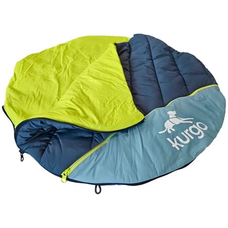 Kurgo Canyon Puffer Pup Sack, Travel Dog Bed for the Outdoors, Pet Sleeping Bag for Camping and Hiking, Packable with Stuff Sack, Durable, Water-Resistant (Medium, 30, Ink/Slate/Green)