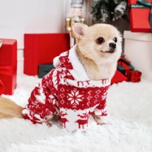 Christmas Fleece Dog Pajamas for Small Dogs Boy Warm Winter Dog Clothes Pjs Cute Extra Small Dog Sweaters 4 Legs Puppy Jumpsuit Soft Dog Onesies Pet Apparel Outfits for Chihuahua Yorkie Cat