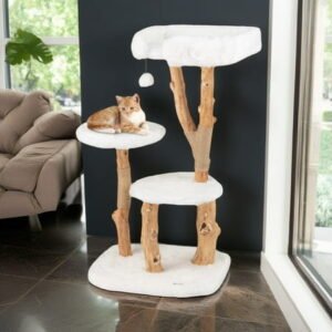 Demi Bonn 44″ Solid Wood Cat Tree Tower for Indoor, Modern Cat Condo with Scratching Post, Cat Climbing Tree House Furniture, White