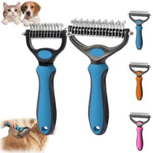 2-in-1 Pet Grooming Tool, Dual-Sided Undercoat Rake Deshedding Dog Brush & Cat Comb with 9 and 17 Stainless Steel Teeth for Long Thick Hair