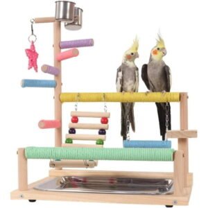 ShadeMart Wooden Bird Playground & Playstand, Parrot Gym with Ladder, Colorful Perches, Chewing Toys, and Feeding Cups