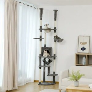 Pefilos Stable Adjustable (92-101)” Cat Tree for Indoor Cats Tall Cat Climbing Tree Cat Tower for LargeCats with Perches Multi-Level Cat Furniture Condo for Multiple Cats, Gray
