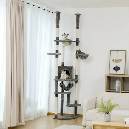 Pefilos Stable Adjustable (92-101)” Cat Tree for Indoor Cats Tall Cat Climbing Tree Cat Tower for LargeCats with Perches Multi-Level Cat Furniture Condo for Multiple Cats, Gray