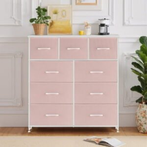 Simenmax 9 Dresser, Storage Drawers with Removable Fabric Bins, Fabric Closet Chests Organizer for Bedroom, Closet, Living Room, Pink