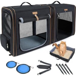 2-in-1 Cat Travel Carrier with Litter Box, (17.7″ x2) x16.5″x13″ Large Cat Carrier with Zipper Locks for Moving Across The Country (No Hammock) – Black
