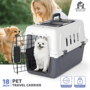 Magshion 18″ Hard-Sided Pet Carrier, Portable Dog Travel Kennel Handbag Cage Transport Box with Handle and 2 Doors, Airline Approved, White/Grey