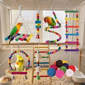 16pcs Bird Cage Play Set for Small Medium Birds, Colorful Chew Decorations with Swings, Blocks, Bells and Ladders, Safe Cage Accessories for Parrots & Finches, Durable Beak & Feather Care Supplies