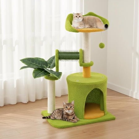 Choco Moon Cute Palm Cat Tree w/Artificial Leaves, Cat Climbing Tower, Corner Cat Tree, Cat Condos for Indoor Cats-Green