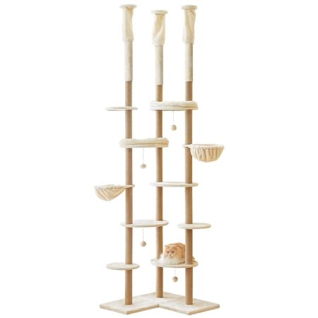 Floor to Ceiling Cat Tree, Tall Cat Tower Adjustable Height (88”-114”=223-290CM), 6-Tier Cat Climbing Tower with 18 Fully Sisal Scratching Posts,Beige