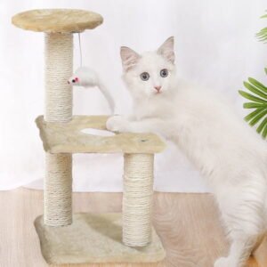Cat Tree Tower Scratching Post for Indoor Large Cats, Small Cat Tree with Big Perch Bed, 28in Tall Trees House with Condo Cave, Toy Balls, Modern Climbing Furniture Platform for Kitten (Beige)