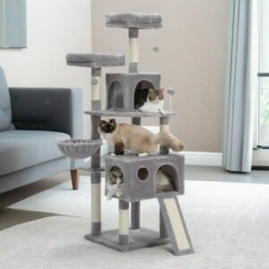 Demi Bonn 64″ Cat Tree Tower for Large Cats with Sisal Poles, Hammock, Indoor Pet Supplies Climbing Tree House, Multi-Level Cat Condos, Gray