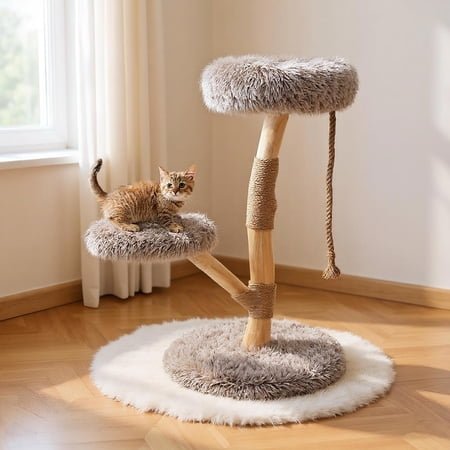 Yardi Yarda Modern Wooden Tree Tower w/Perch & Jute Posts, Corner Cat Tree, Cat Climbing Tower, Cat Towers for Indoor Cats-Brown