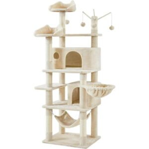 WSWJY Cat Tree, 67in H Cat Tower for Indoor Cats, Multi-Level Climbing Tree with Scratching Posts Cat House w/Large Condo, Soft Hammock, Removable Cat Teaser Sticks, Beige