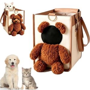 Teddy Bear Dog Carrier Bag, 2 in 1 Multifunctional Pet Handbag with Exposed Head Design, PU Leather Travel Tote Shoulder Carrier for Small Dogs, Cats