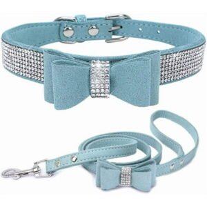 Rhinestone Dog Collar and Leash Set with Bow Tie, Bling Diamond Cat Collar with Bowtie Crystal Girl Puppy Collars for XXS Xs Small Medium Large Female Dogs Pet Kitten