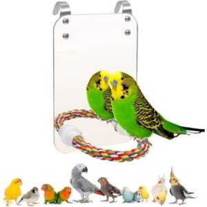 Colourtree 7 Inch Bird Mirror with Rope Perch Cockatiel Mirror for Cage Bird Toys Swing Parrot Cage Toys for Parakeet Cockatoo Cockatiel Conure Lovebirds Finch Canaries