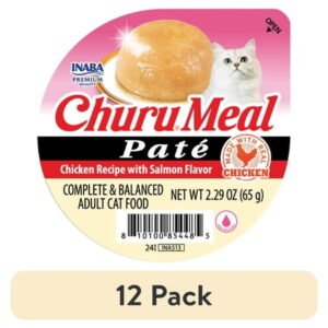 (12 pack) INABA Churu Meal Paté Adult Wet Cat Food, 2.29 oz cup, Chicken Recipe with Salmon Flavor