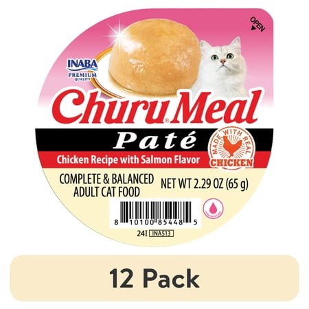 (12 pack) INABA Churu Meal Paté Adult Wet Cat Food, 2.29 oz cup, Chicken Recipe with Salmon Flavor