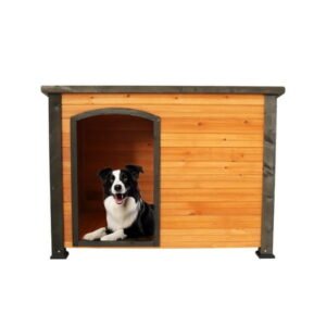 45 Inch Solid Wood Dog House, Indoor & Outdoor Weatherproof Large Dog Kennel with Elevated Feet, Raised Floor Winter Insulated Wooden Pet Shelter, Golden Black
