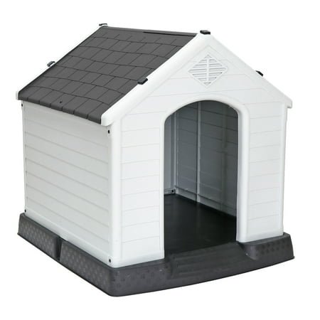 Favory Large Plastic Dog House – Waterproof Dog Kennel with Air Vents and Elevated Floor All Weather Indoor Outdoor Doghouse Puppy Shelter, Easy to Assemble