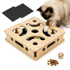 Cat Nail File Scratcher with 3 Sandpaper Pads, 4 Bell Balls, 8 Screw, Solid Wood Cat Scratch Puzzle Enrichment Box Nail Filer Box Toy to File Nails, Cat Treat Box for Treat-Motivated Cats