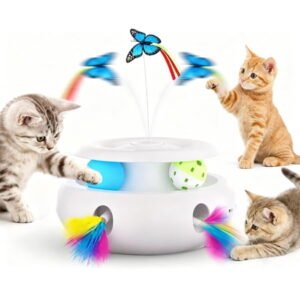 Ficcug 3 in 1 Interactive Cat Toys for Indoor Cats, Automatic Kitten Toys with Fluttering Butterfly, Moving Feather & Track Balls,USB Powered Self Play Toy,White