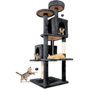 Large Cat Tree Tower Condo for Indoor Cats, Soft Plush Multi-Level Climbing Tree Cat House with 1 360° Rotating Cat Cave, Scratching Post, More Entrance/Exit, Sisal Rope
