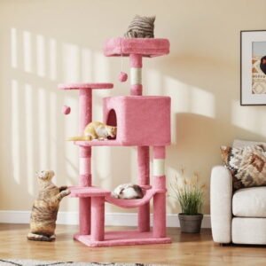 44″ Multi-Level Cat Tree Tower with Sisal Scratching Post, Indoor Cat Climbing Tower with Ladder & Plush Toys for Rest & Play