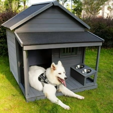 TheEshow 60.2″ Insulated Outdoor Dog House with Porch, Waterproof Wooden Dog Kennel for Medium & Large Dogs