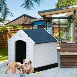 Plastic Dog House 28 inch Indoor Outdoor Dog Houses with Elevated Floor, All Weather Waterproof Doghouse, Easy to Assemble,Ventilation Design Pet House