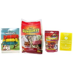 Higgins Sunburst Gourmet Blend Hamster & Gerbil Food & Berry Patch Treats Bundle | 2.5 lb Food & 2.5 oz Treats | MerlinsMart Zine + Chewy Toy